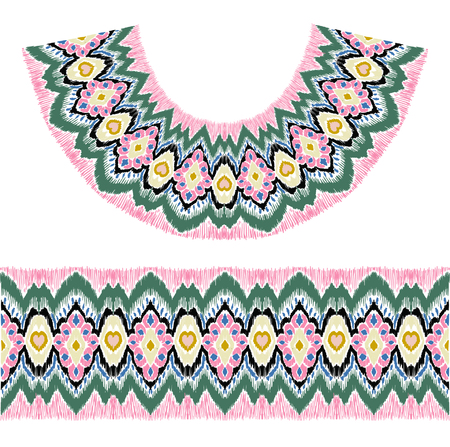 Vector Ethnic necklace. Ikat pattern. Shibori print with chevron. Indian doily. Bohemian fashion. Tie dye art brushes and lace.  Moroccan round ornament.  Embroidered circle. Gypsy folk element.のイラスト素材