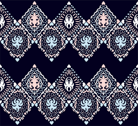 Ikat seamless pattern. Vector tie dye shibori print with stripes and chevron. Ink textured japanese background. Ethnic fabric vector. Bohemian fashion. Endless watercolor texture. African rug.のイラスト素材