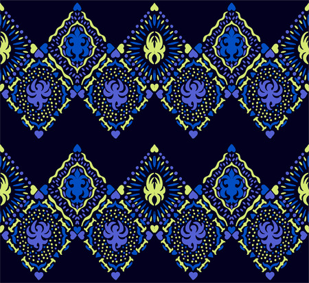 Ikat seamless pattern. Vector tie dye shibori print with stripes and chevron. Ink textured japanese background. Ethnic fabric vector. Bohemian fashion. Endless watercolor texture. African rug.のイラスト素材