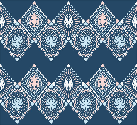 Ikat seamless pattern. Vector tie dye shibori print with stripes and chevron. Ink textured japanese background. Ethnic fabric vector. Bohemian fashion. Endless watercolor texture. African rug.のイラスト素材