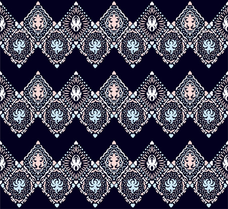 Ikat seamless pattern. Vector tie dye shibori print with stripes and chevron. Ink textured japanese background. Ethnic fabric vector. Bohemian fashion. Endless watercolor texture. African rug.のイラスト素材