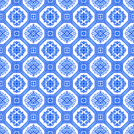 Talavera pattern.  Azulejos portugal. Turkish ornament. Moroccan tile mosaic. Spanish porcelain. Ceramic tableware, folk print. Spanish pottery. Ethnic background. Mediterranean seamless  wallpaper.のイラスト素材