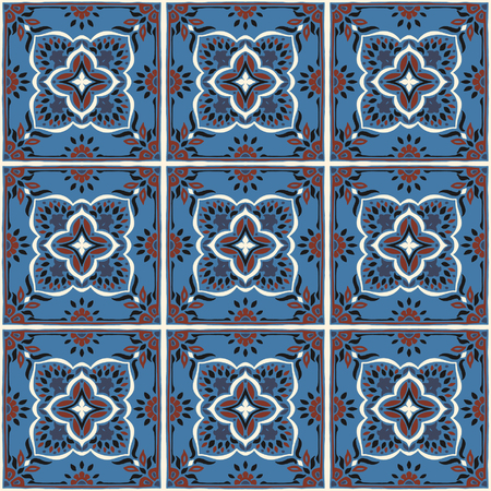 Talavera pattern.  Azulejos portugal. Turkish ornament. Moroccan tile mosaic. Spanish porcelain. Ceramic tableware, folk print. Spanish pottery. Ethnic background. Mediterranean seamless  wallpaper.のイラスト素材