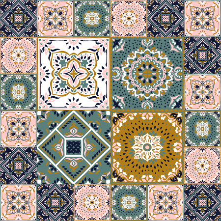 Talavera pattern.  Azulejos portugal. Turkish ornament. Moroccan tile mosaic. Spanish porcelain. Ceramic tableware, folk print. Spanish pottery. Ethnic background. Mediterranean seamless  wallpaper.のイラスト素材
