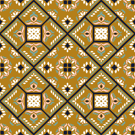 Talavera pattern.  Azulejos portugal. Turkish ornament. Moroccan tile mosaic. Spanish porcelain. Ceramic tableware, folk print. Spanish pottery. Ethnic background. Mediterranean seamless  wallpaper.のイラスト素材