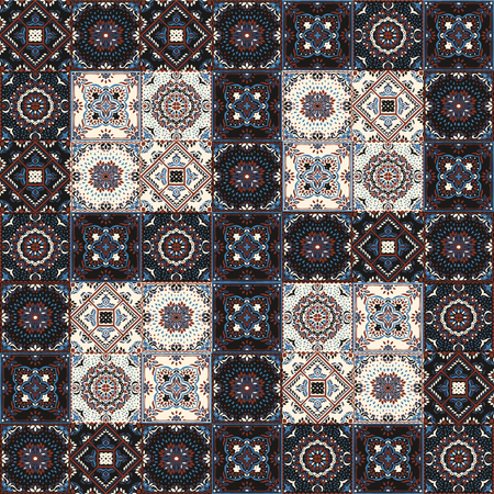 Talavera pattern.  Indian patchwork. Azulejos portugal. Turkish ornament. Moroccan tile mosaic. Ceramic tableware, folk print. Spanish pottery. Ethnic background. Mediterranean seamless  wallpaper.のイラスト素材