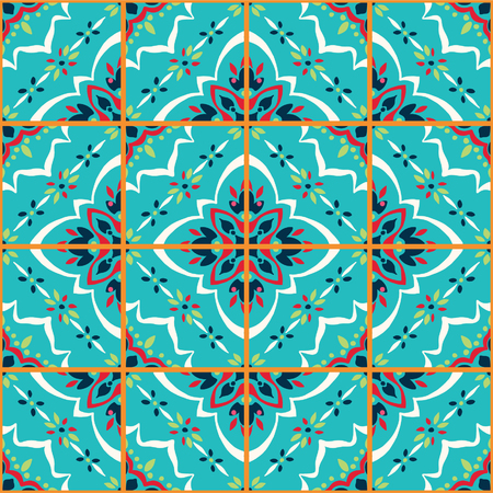 Talavera pattern.  Azulejos portugal. Turkish ornament. Moroccan tile mosaic. Spanish porcelain. Ceramic tableware, folk print. Spanish pottery. Ethnic background. Mediterranean seamless  wallpaper.のイラスト素材