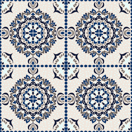 Talavera pattern.  Azulejos portugal. Turkish ornament. Moroccan tile mosaic. Spanish porcelain. Ceramic tableware, folk print. Spanish pottery. Ethnic background. Mediterranean seamless  wallpaper.のイラスト素材