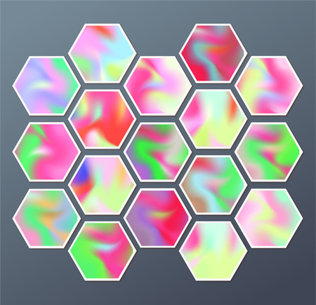 Set of hexagonal holographic stickers with abstract texture. Background of hexagons. Vector pattern with retro designのイラスト素材