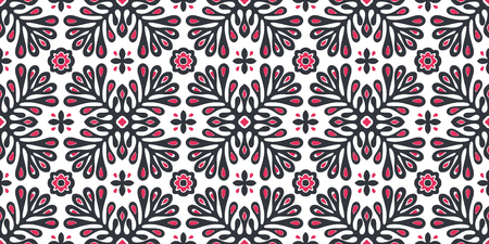 Traditional vector ornament in Scandinavian style. Stylized flowers and plants.  Moroccan tile mosaic. Turkish folk print. Spanish pottery. Ethnic background. Mediterranean seamless  wallpaper.のイラスト素材