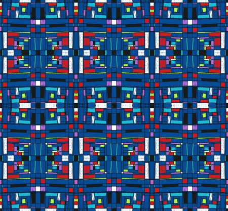Geometric background in Mondrian grid style.  Pop art pattern. Ornament with abstract mosaic squares. Modern embroidery. Ethnic African print. Colorful figures of Memphis. Traditional striped vectorのイラスト素材