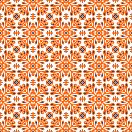 Traditional vector ornament in Scandinavian style. Stylized flowers and plants.  Moroccan tile mosaic. Turkish folk print. Spanish pottery. Ethnic background. Mediterranean seamless  wallpaper.のイラスト素材