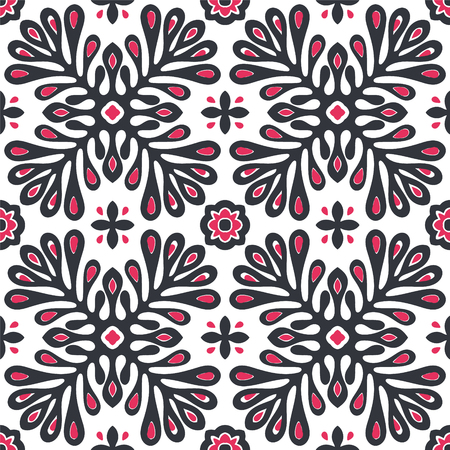 Traditional vector ornament in Scandinavian style. Stylized flowers and plants.  Moroccan tile mosaic. Turkish folk print. Spanish pottery. Ethnic background. Mediterranean seamless  wallpaper.のイラスト素材