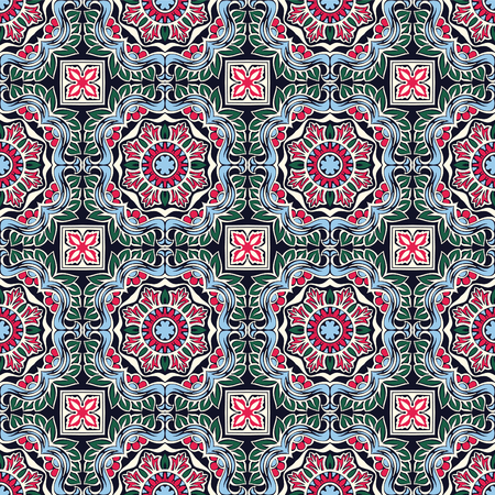 Talavera pattern.  Indian patchwork. Azulejos portugal. Turkish ornament. Moroccan tile mosaic. Ceramic tableware, folk print. Spanish pottery. Ethnic background. Mediterranean seamless  wallpaper.のイラスト素材