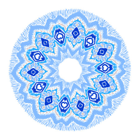 Vector Ethnic necklace. Ikat pattern. Shibori print with chevron. Indian doily. Bohemian fashion. Tie dye art brushes and lace.  Moroccan round ornament.  Embroidered circle. Gypsy folk element.のイラスト素材