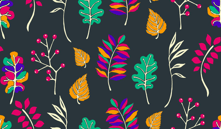 Autumn leaves in cartoon style. Seamless pattern. A cute background. Seasonal banner. September fall. October party. November  sale. Decorative border. Halloween. Maple branch.  Vector illustration.のイラスト素材