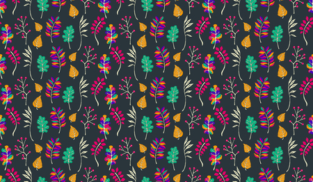 Autumn leaves in cartoon style. Seamless pattern. A cute background. Seasonal banner. September fall. October party. November  sale. Decorative border. Halloween. Maple branch.  Vector illustration.のイラスト素材