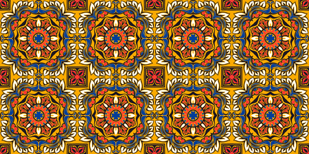 Talavera pattern.  Indian patchwork. Azulejos portugal. Turkish ornament. Moroccan tile mosaic. Ceramic tableware, folk print. Spanish pottery. Ethnic background. Mediterranean seamless  wallpaper.のイラスト素材