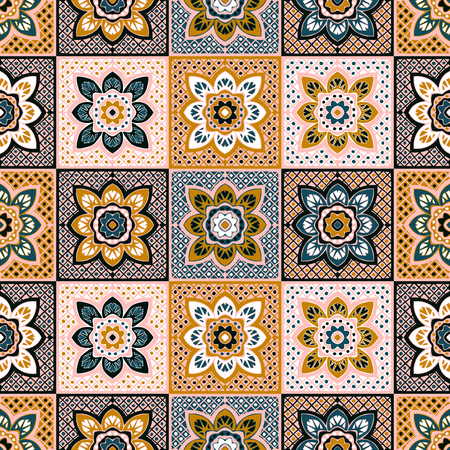 Talavera pattern.  Indian patchwork. Azulejos portugal. Turkish ornament. Moroccan tile mosaic. Ceramic tableware, folk print. Spanish pottery. Ethnic background. Mediterranean seamless  wallpaper.のイラスト素材