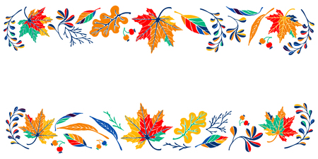 Autumn leaves in cartoon style. A cute background. Seasonal banner. September fall. October party. November  sale. Decorative border. Halloween. Maple branch.  Vector illustration.のイラスト素材