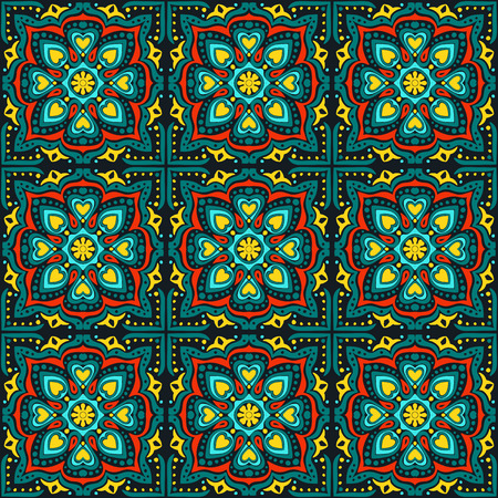 Talavera pattern.  Indian patchwork. Azulejos portugal. Turkish ornament. Moroccan tile mosaic. Ceramic tableware, folk print. Spanish pottery. Ethnic background. Mediterranean seamless  wallpaper.のイラスト素材