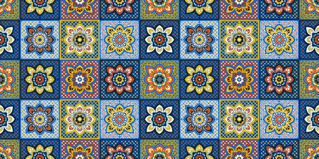 Talavera pattern.  Indian patchwork. Azulejos portugal. Turkish ornament. Moroccan tile mosaic. Ceramic tableware, folk print. Spanish pottery. Ethnic background. Mediterranean seamless  wallpaper.のイラスト素材