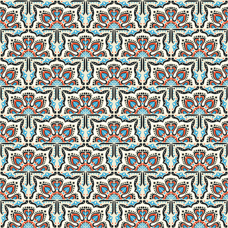 Talavera pattern.  Indian patchwork. Azulejos portugal. Turkish ornament. Moroccan tile mosaic. Ceramic tableware, folk print. Spanish pottery. Ethnic background. Mediterranean seamless  wallpaper.のイラスト素材