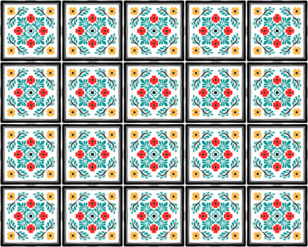 Talavera pattern. Azulejos portugal. Turkish ornament. Moroccan tile mosaic. Spanish porcelain. Ceramic tableware, folk print. Spanish pottery. Ethnic background. Mediterranean seamless wallpaper.のイラスト素材