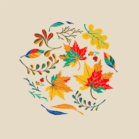 Autumn banner, wreath from leaves in cartoon style. A cute background.  October nature. September fall decor.  November  sale. Decorative border. Halloween. Maple branch.  Vector illustration.のイラスト素材