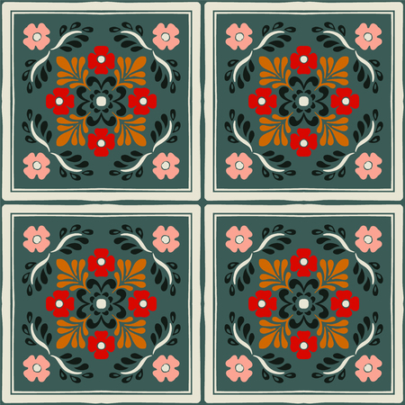 Talavera pattern. Azulejos portugal. Turkish ornament. Moroccan tile mosaic. Spanish porcelain. Ceramic tableware, folk print. Spanish pottery. Ethnic background. Mediterranean seamless wallpaper.のイラスト素材