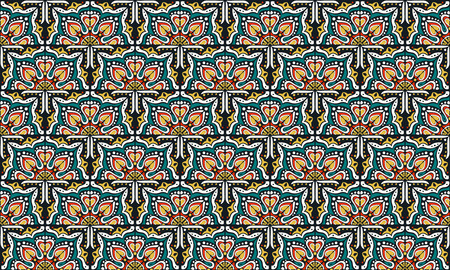 Talavera pattern.  Indian patchwork. Azulejos portugal. Turkish ornament. Moroccan tile mosaic. Ceramic tableware, folk print. Spanish pottery. Ethnic background. Mediterranean seamless  wallpaper.のイラスト素材