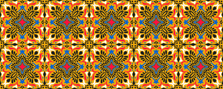 Talavera pattern.  Indian patchwork. Azulejos portugal. Turkish ornament. Moroccan tile mosaic. Ceramic tableware, folk print. Spanish pottery. Ethnic background. Mediterranean seamless  wallpaper.のイラスト素材