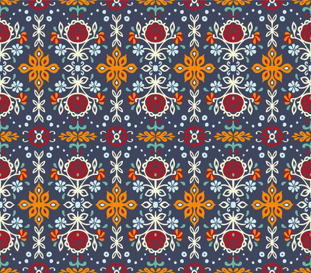 Seamless floral pattern folk colorful flowers and leaves. Indian embroidery. Talavera pattern. Turkish ornament. Spanish ethnic background. Mediterranean seamless wallpaper.のイラスト素材