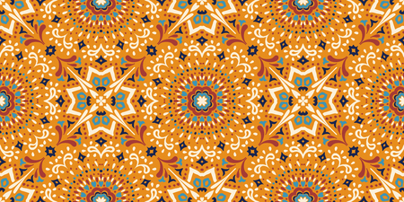 Ethnic pattern. Mediterranean seamless wallpaper. Portuguese tile. Turkish ornament on the carpet. Moroccan mosaic. Spanish porcelain. Ceramic dishes, folk print. Spanish Talavera. Ornate rug.のイラスト素材