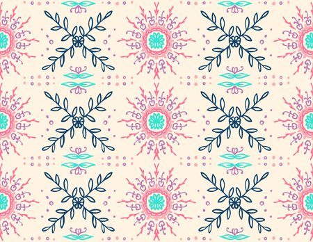 Seamless floral pattern. Stylized doodle flowers. Spanish ethnic embroidery. Folk ornament. Solar sign. Mediterranean print. Indian Oriental or Turkish textiles.  Boho wallpaper. Hipster  art.のイラスト素材