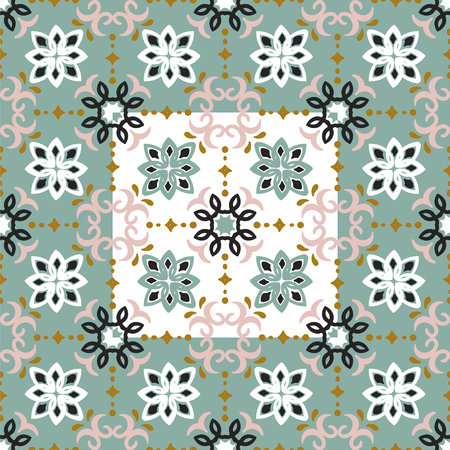 Ethnic pattern. Mediterranean seamless wallpaper. Portuguese Azulejo. Turkish ornament, Moroccan mosaic. Spanish porcelain. Ceramic dishes, folk print. Tile design. Indian patchwork.のイラスト素材