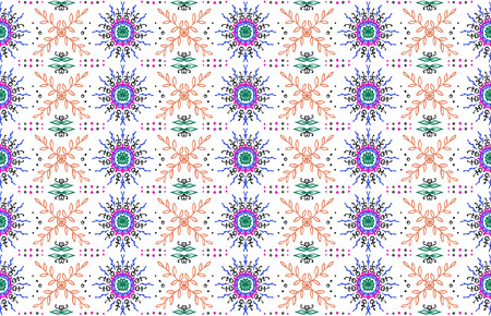 Seamless floral pattern. Stylized doodle flowers. Spanish ethnic embroidery. Folk ornament. Solar sign. Mediterranean print. Indian Oriental or Turkish textiles.  Boho wallpaper. Hipster  art.のイラスト素材