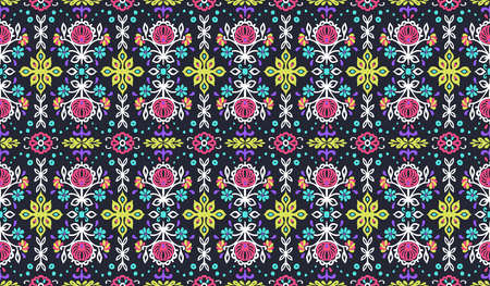 Seamless floral pattern folk colorful flowers and leaves. Indian embroidery. Talavera pattern. Turkish ornament. Spanish ethnic background. Mediterranean wallpaper.のイラスト素材