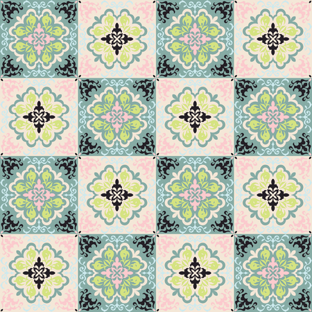 Mexican pottery Talavera. Portuguese tile azulejo. Damask floral background. Turkish ornament, Moroccan mosaic. Spanish porcelain. Ceramic dishes, folk print. Mediterranean wallpaper. Art Deco.のイラスト素材