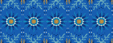 Seamless floral pattern. Stylized doodle flowers. Spanish ethnic embroidery. Folk ornament. Solar sign. Mediterranean print. Indian Oriental or Turkish textiles.  Boho wallpaper. Hipster  art.のイラスト素材
