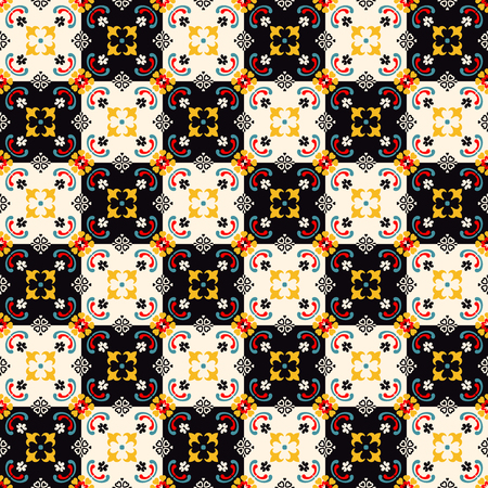 Talavera pattern.  Indian patchwork. Azulejos portugal. Turkish ornament. Moroccan tile mosaic. Ceramic tableware, folk print. Spanish pottery. Ethnic background. Mediterranean seamless  wallpaper.のイラスト素材