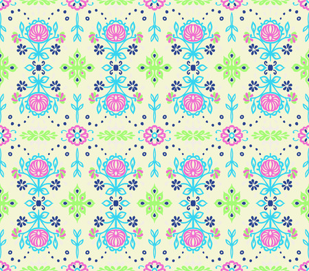 Seamless floral pattern folk colorful flowers and leaves. Indian embroidery. Talavera pattern. Turkish ornament. Spanish ethnic background. Mediterranean wallpaper. Bohemian style.のイラスト素材