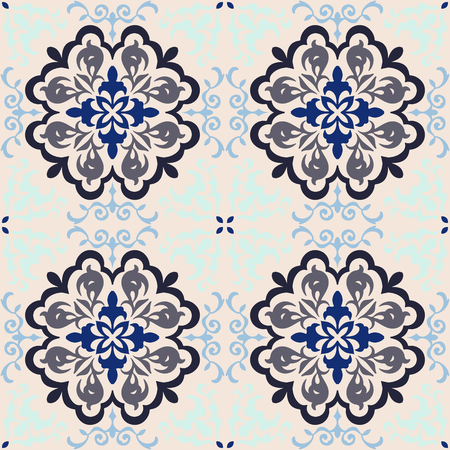 Mexican pottery Talavera. Portuguese tile azulejo. Damask floral background. Turkish ornament, Moroccan mosaic. Spanish porcelain. Ceramic dishes, folk print. Mediterranean wallpaper. Art Deco.のイラスト素材