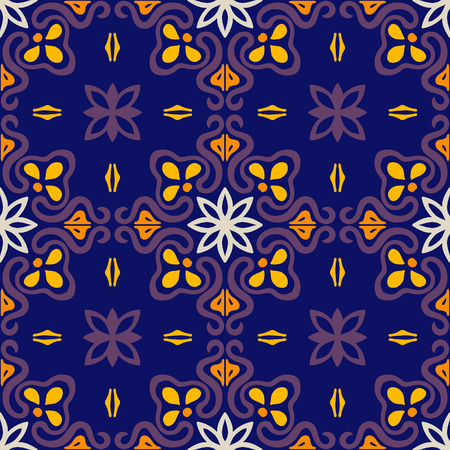 Talavera pattern. Azulejos portugal. Turkish ornament. Moroccan tile mosaic. Spanish porcelain. Ceramic tableware, folk print. Asian pottery. Ethnic background. Mediterranean seamless wallpaper.のイラスト素材