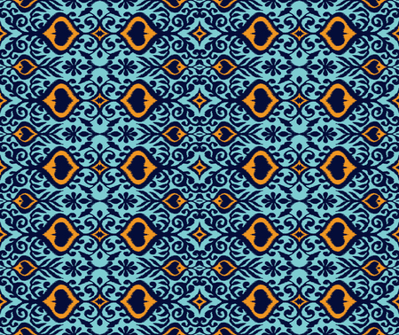 Ikat geometric folklore ornament. Oriental vector damask pattern. Ancient art of Arabesque. Tribal ethnic texture. Spanish motif on the carpet.  Aztec style.  Indian rug. Gypsy, Mexican  embroidery.のイラスト素材