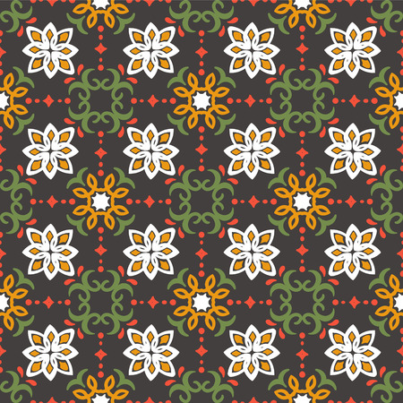 Ethnic pattern. Mediterranean seamless wallpaper. Portuguese Azulejo. Turkish ornament, Moroccan mosaic. Spanish porcelain. Ceramic dishes, folk print. Tile design. Indian patchwork.のイラスト素材