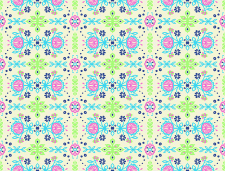 Seamless floral pattern folk colorful flowers and leaves. Indian embroidery. Talavera pattern. Turkish ornament. Spanish ethnic background. Mediterranean wallpaper. Bohemian style.のイラスト素材