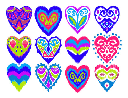 Valentine's day. Set with hearts. Ikat geometric folklore ornament. Oriental vector damask print. Ancient art of Arabesque. Tribal ethnic texture. Spanish motif on the carpet.のイラスト素材