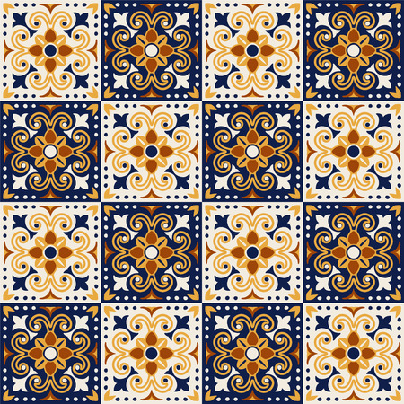 Mexican pottery Talavera. Portuguese tile azulejo. Damask floral background. Turkish ornament, Moroccan mosaic. Spanish porcelain. Ceramic dishes, folk print. Mediterranean wallpaper. Art Deco.のイラスト素材