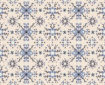 Seamless floral pattern folk colorful flowers and leaves. Flower embroidery. Talavera pattern. Indian patchwork. Turkish ornament. Spanish ethnic background. Mediterranean seamless wallpaper.のイラスト素材